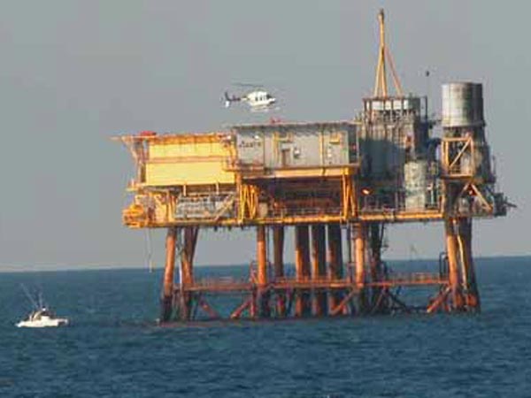 Helicopter leaving platform during a launch of the ROV