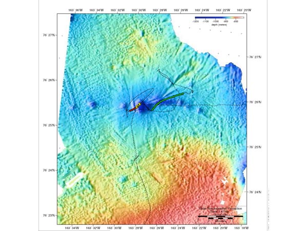 A multibeam map of the seafloor shows deep depressions, or pockmarks, in dark blue.