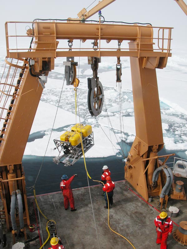 The ROV is deployed off the back of the boat using the Healy's A-Frame.