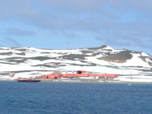 The King Sejong Station on King George Island as seen from the ship