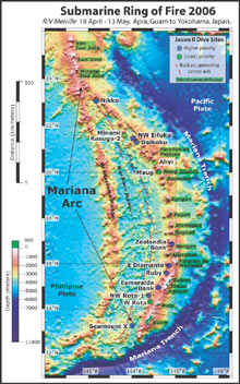 A view of the dive targets for the SRoF'06 expedition in Pacific Ring of Fire (Guam to Iwo Jima).