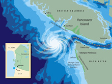 A stylized map of the 'Big Eddy', the seasonal eddy formation occurring within the boundary waters of the U.S. and Canada.nd Canada.