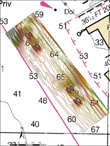 Contour map showing the USS Cumberland at the top and the CSS Florida below