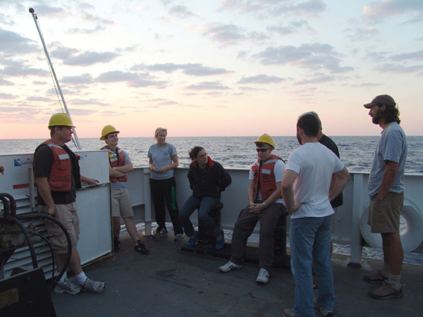 Chief scientist Erik Cordes meets with the science party at the end of the day to talk about upcoming explorations.