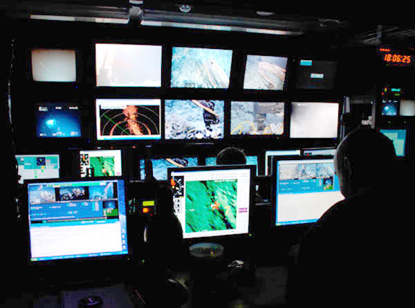 Video monitors inside the Jason Control Van. 