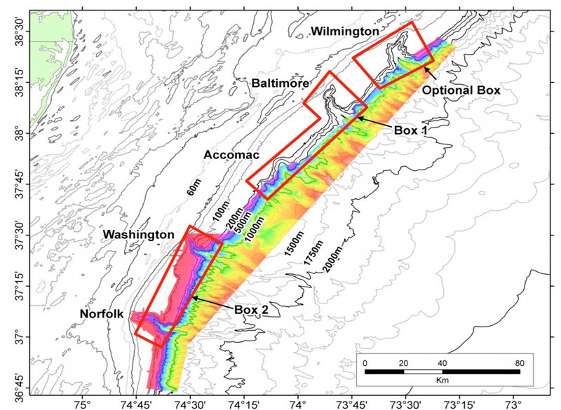 The red boxes outlines priority areas to be mapped during the June 2011 mapping expedition on board the NOAA Ship Nancy Foster. The color-shaded areas show multibeam data from previous expeditions.