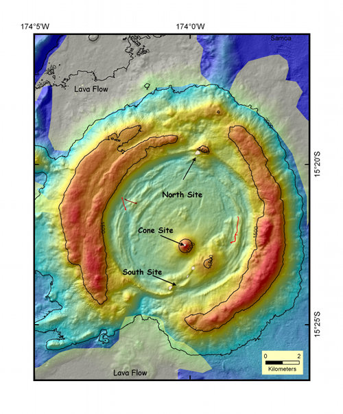 Bathymetric map showing main features of Volcano O.