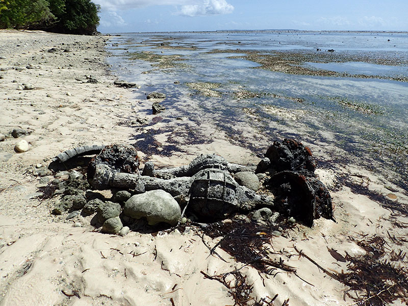 Wheel rims and axels from a DUKW exposed during low tide.