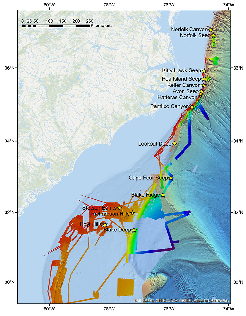 From April 9 to April 30, the DEEP SEARCH team will be diving daily with ROV Jason at targets indicated by yellow stars. Bathymetry data shown in full-color was collected by recent NOAA Ship Okeanos Explorer missions and by the 2018 R/V Atlantis cruise. Bathymetry data shown in muted, transparent color represents the full extent of data in the region.