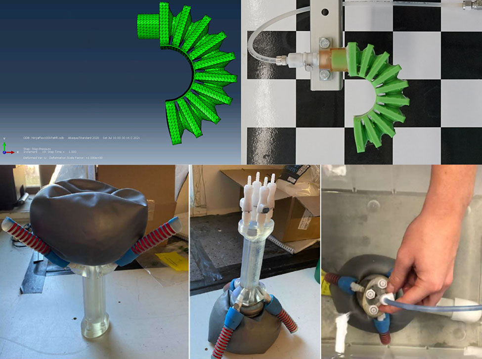 Images of a bellows actuator directly printed using a commercially available print feedstock on a fused deposition printer (above) and a fully integrated jamming gripper with a deformable and expandable air bag (below).