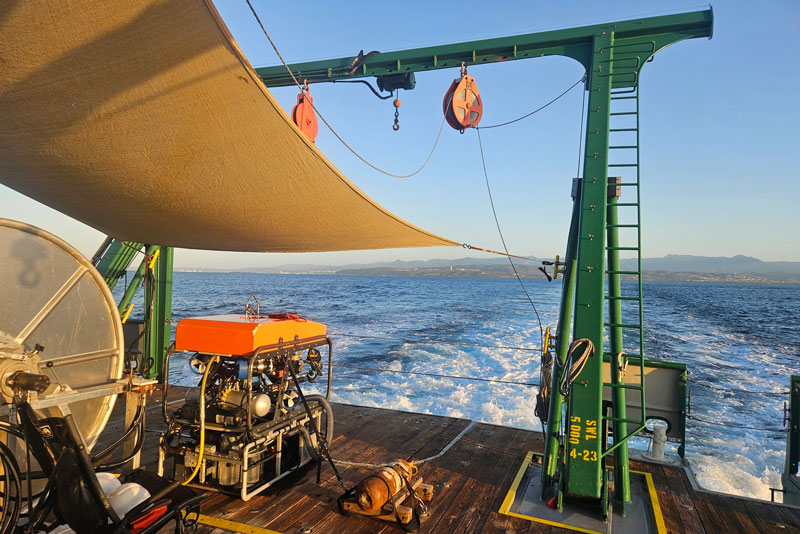 The Mohawk remotely operated vehicle on the deck of Research Vessel F.G. Walton Smith off the coast of Puerto Rico during Exploration of Deepwater Habitats off Puerto Rico and the U.S. Virgin Islands for Biotechnology Potential.