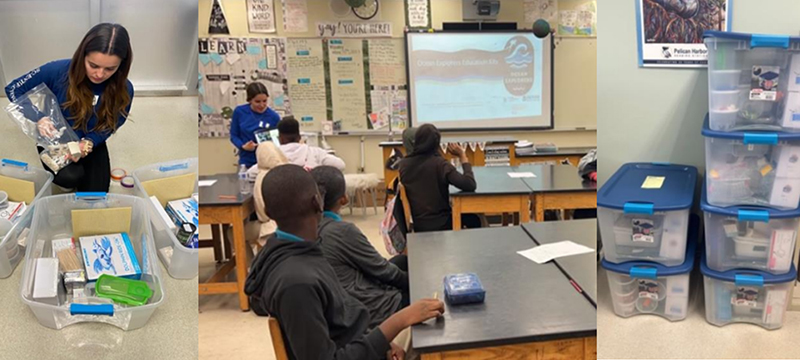 Left: Project Coordinator Laura Cruz assembles the Ocean Explorers education kits. Center: Students prepare to participate in activities using the education kits. Right: The six completed education kits before being delivered to teachers.