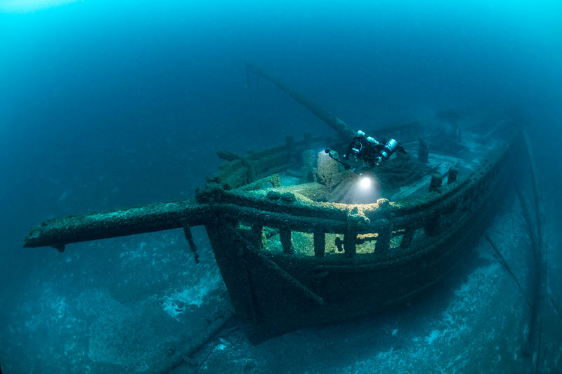 Canal schooner Walter B. Allen spent its career carrying grain and coal across the Great Lakes. In April 1880, it ran ashore on South Manitou Island in Lake Michigan during a gale and sank to the bottom of the lake during recovery efforts. Today, Walter B. Allen sits upright in 160 feet of water and is one of the shipwrecks that will be documented in detail during Exploring the Wisconsin Shipwreck Coast National Marine Sanctuary at Scale.