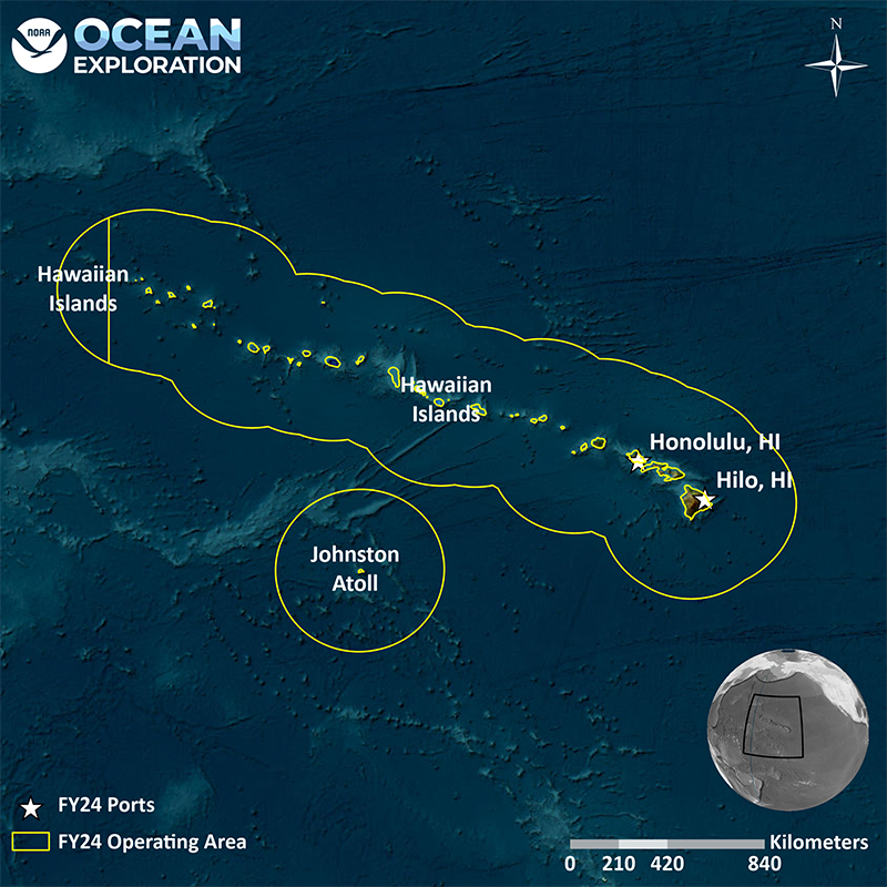 Anticipated extent of the fiscal year 2024 operating area for NOAA Ship Okeanos Explorer. These expeditions will provide high-resolution information about seafloor features and associated marine habitats and an opportunity for scientists, students, and managers to engage in exploration of largely unknown areas in real time. Image courtesy of NOAA Ocean Exploration.