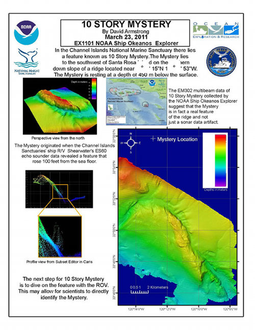 Figure 3: 10-Story Mystery one-pager created by Mapping Intern David Armstrong. Although ultimately the 10-Story Mystery was disproved, it provided an excellent testing and training opportunity during the cruise.