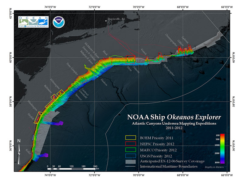 Map showing Atlantic canyons mapping expeditions in 2011 and 2012. The proposed operating area for the Northeast and Mid-Atlantic Canyons expedition between Cape Hatteras, North Carolina, and the U.S.-Canadian territorial boundary is shown in light grey. 