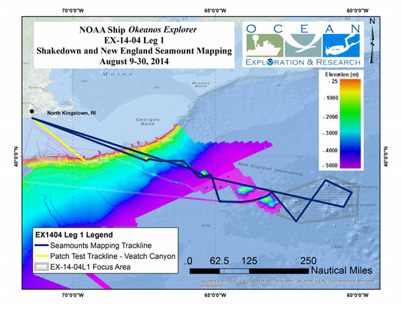 Map showing the area where the Okeanos Explorer will conduct operations during the Shakedown and Mapping New England Seamounts expedition.