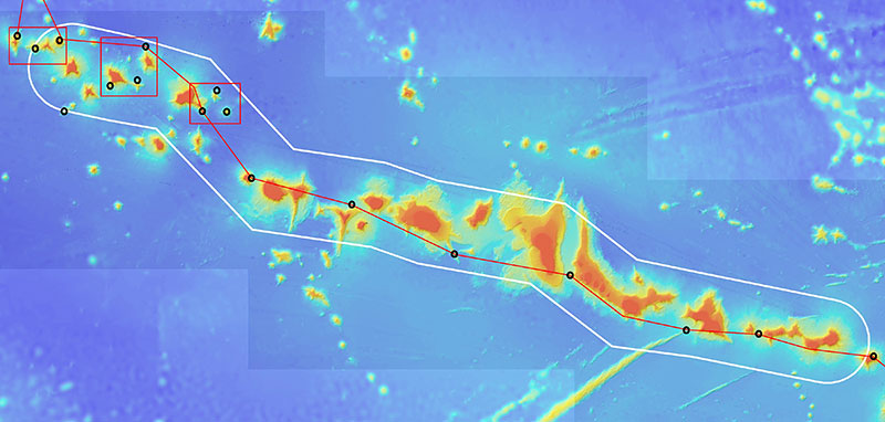 The project area to be explored within and around Papahānaumokuākea Marine National Monument (white boundary) with possible dive sites. 