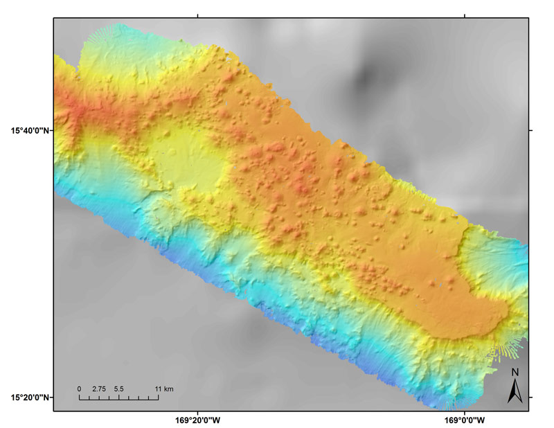 Partially mapped guyot showing cones on the summit that resulted from rejuvenated volcanism.