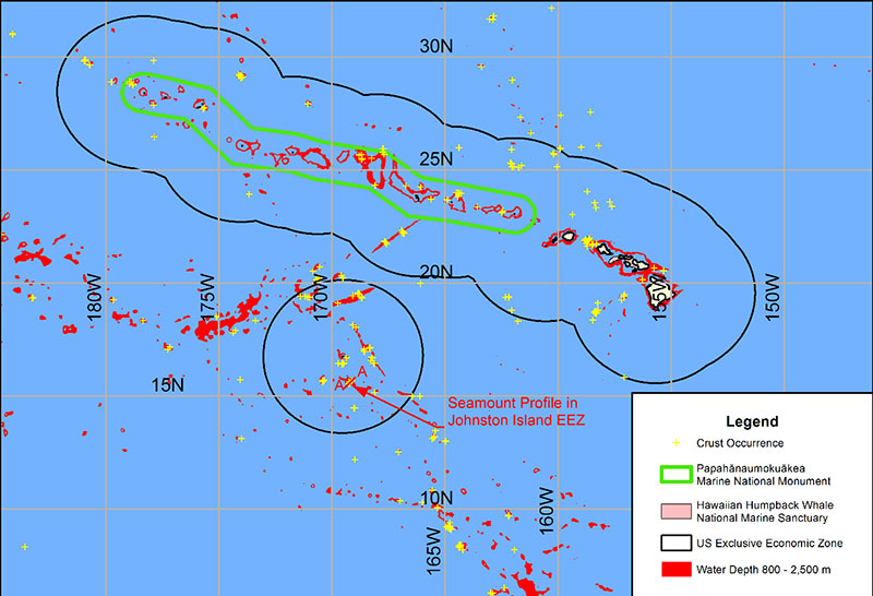 Water depths between 800 and 2,500 meters are delineated in red. This is the depth range of crusts thought to have the best economic development potential. Boundaries of the Papahānaumokuākea Marine National Monument, Hawaiian Islands Humpback Whale National Marine Sanctuary, and Johnston Atoll portion of the Pacific Remote Islands Marine National Monument, now known as Pacific Islands Heritage Marine National Monument, are also shown.