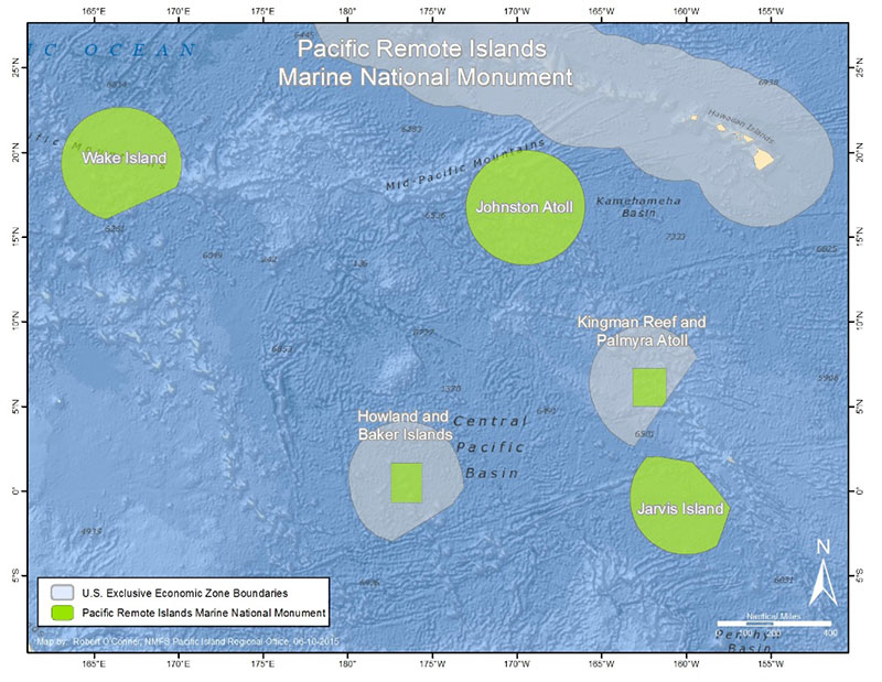 Established in January 2009 by Presidential Proclamation 8336 and expanded in 2014 by Presidential Proclamation 9173, the Pacific Remote Islands Marine National Monument, now known as Pacific Islands Heritage Marine National Monument, consists of Wake, Baker, Howland, and Jarvis Islands; Johnston Atoll; Kingman Reef; and Palmyra Atoll, which all lie to the south and west of Hawaii. The Pacific Remote Islands Marine National Monument is one of the largest marine protected areas in the world and an important part of the most widespread collection of marine life on the planet under a single country's jurisdiction.