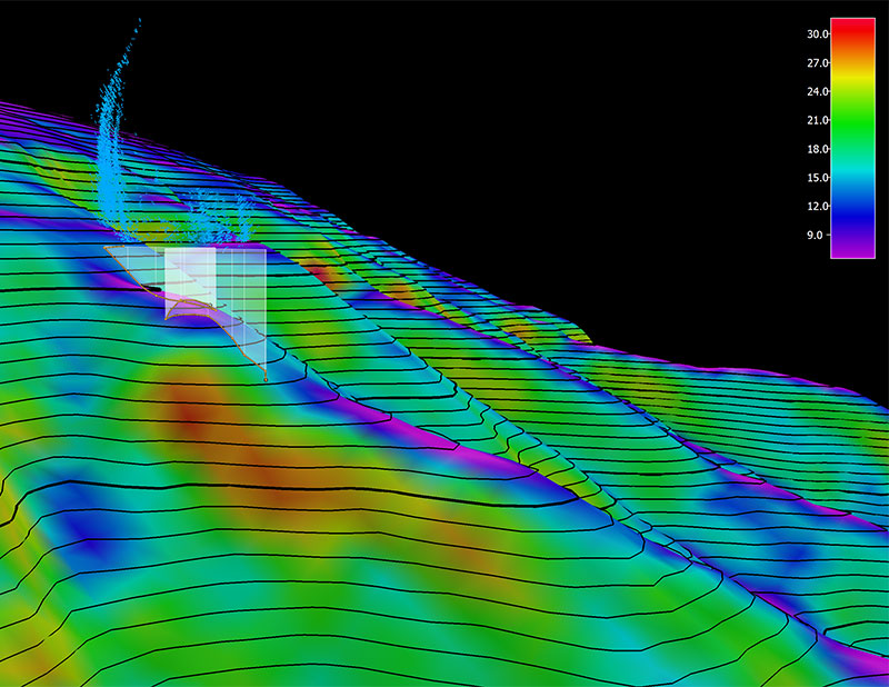The remotely operated vehicle track for Dive 14, shown as an orange line with a white curtain. Scale is water depth in meters.