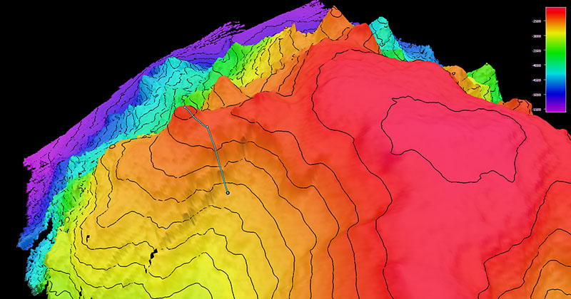 Image showing the dive track of Dive 03 of the 2021 North Atlantic Stepping Stones expedition. Scale is water depth in meters.