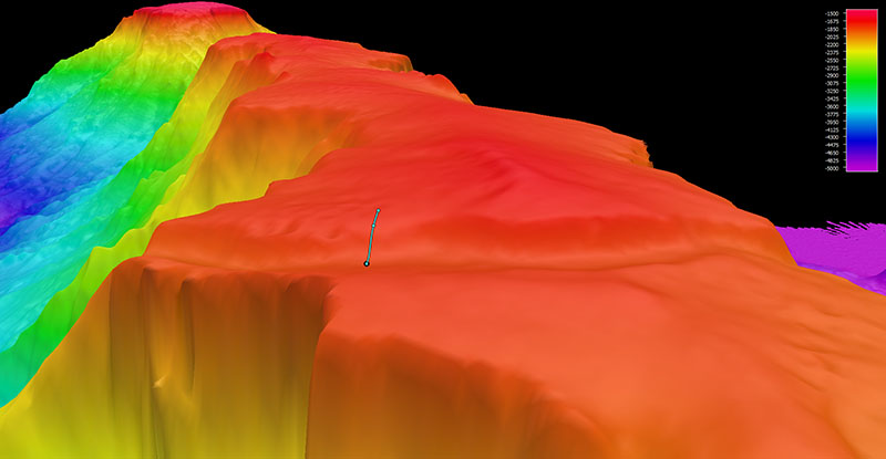 Image showing the dive track of Dive 17 of the 2021 North Atlantic Stepping Stones expedition. Scale is water depth in meters.