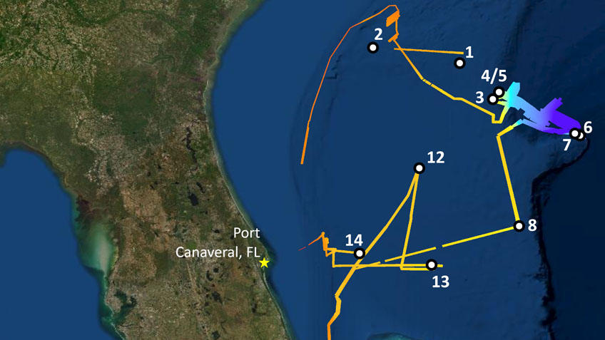 This map shows the Blake Plateau region overlaid with the mapping data collected (lines colored by depth) and remotely operated vehicle dive sites (dots) for the Windows to the Deep 2021: Southeast U.S. ROV and Mapping expedition as completed.