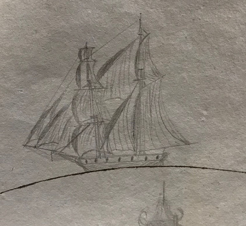 Sketch of the two-masted brig Industry from the ship’s 1828 logbook.