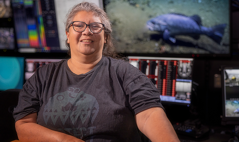 Mia Lopez in the control room on NOAA Ship Okeanos Explorer.