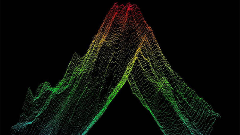 3D wireframe mountain with a gradient from green at the base to red at the peak on a black background.