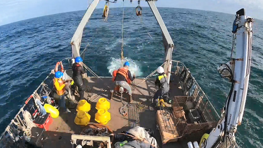 Members of the Coordinated Simultaneous Physical-Biological Sampling Using ADCP-Equipped Ocean Gliders expedition deploy an echosounder that is attached to a mooring and be used to collect data about organisms that occupy the middle levels of the ocean food web (mid-trophic organisms), such as zooplankton and small fish.