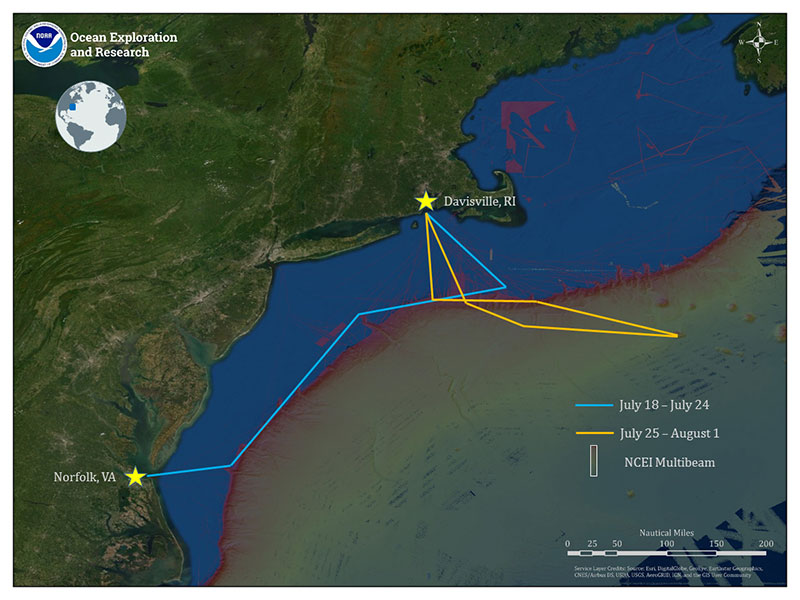 Map showing the approximate route of NOAA Ship Okeanos Explorer during the two legs of the 2019 Technology Demonstration.