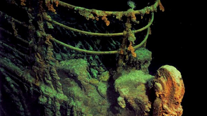 A view of the bow and railing of the R.M.S. Titanic.